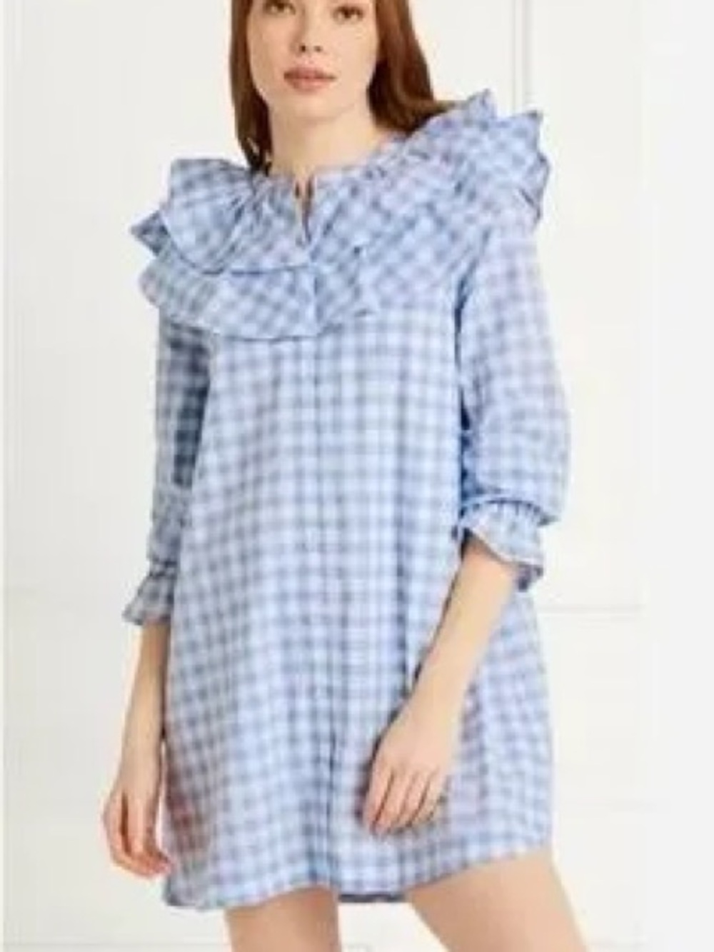 NEW HILL HOUSE size XS Collette Blue Gingham Ruffle Neck Shirt Dress